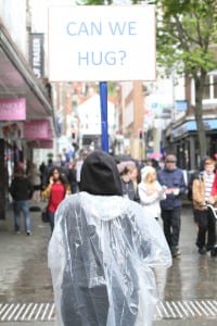 A picture of the 'Can We Hug?' sign -  Lincoln High street (taken on 7th May 2015)