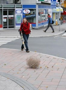 This shows Claire Blundell Jones walking the busy streets blowing a tumbleweed in front of her. The juxtaposition of this and the constantly in flux high street created a beautiful aesthetic that we hoped to recreate in some fashion.